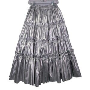 Kate Hewko Womens SIlver Faux Leather Tiered Pleated Ruffle Skirt Size L Lined